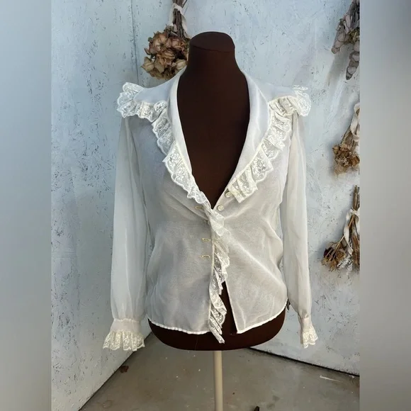 Vintage Oscar De La Renta Union Made Ruffle Lace Blouse 8 - Picture 2 of 9